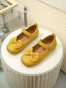 1 Pair Yellow Bow Girls' Shoes With PU Bound Toe, Adjustable Hook-And-Loop Design, Round Toe, TPR Non-Slip Sole, Comfortable & Lightweight, Solid Color, Suitable For 5-14 Years Old Girls, Campus, Activities, Formal Occasions And Daily Wear - Yellow - View 1