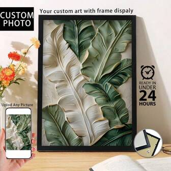 1 pieza, foto personalizada, marco de madera y plexiglás pulido, estilo moderno, hojas vibrantes, póster de arte impreso en lienzo personalizado, perfecto para familias, parejas, recuerdos de mascotas, y un regalo perfecto para aniversarios