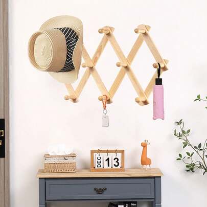 1pc/2pcs Foldable 10 Pegs Solid Wood Wall Rack Extendable Coat Hanger Organizer For Entryway And Closet, Versatile Storage Solution With Retractable Hooks, Space-Saving Drying Rack For Hats, Bags, Scarves, Accessories, Lightweight Durable Rustic Finish, Easy Mount, Multi-Use Home Décor And Organization For Everyday Living