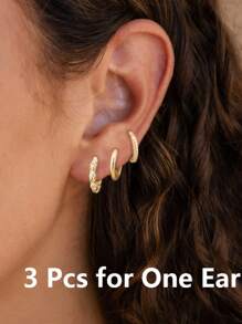 3 pièces Boucles d'oreilles dorées élégantes et brillantes pour femmes, ensemble de boucles d'oreilles dorées pour dames décorées de zircone cubiques en laiton, convient pour le port quotidien, les anniversaires, les fêtes, les vacances et les cadeaux de célébration