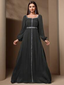 Women's Elegant Sequin & Ribbon Patchwork Lantern Sleeve Dress, Spring & Summer - Black - View 5