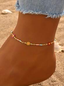 1 stuk modieuze enkelband in boho-stijl met dopamineglaskralen en willekeurige kleuren, madeliefjesbloem, veelzijdig voor dames, casual en vakantiekleding