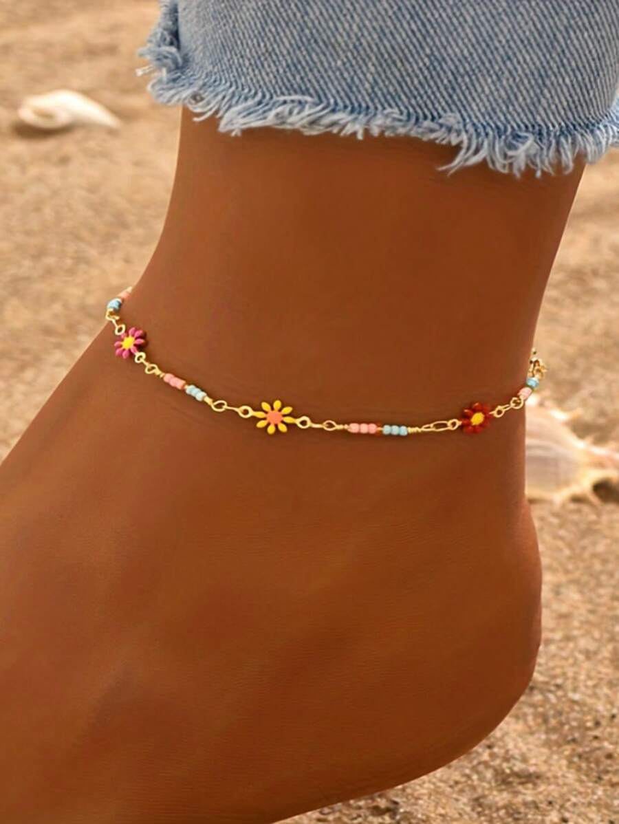 1 stuk modieuze enkelband in boho-stijl met dopamineglaskralen en willekeurige kleuren, madeliefjesbloem, veelzijdig voor dames, casual en vakantiekleding