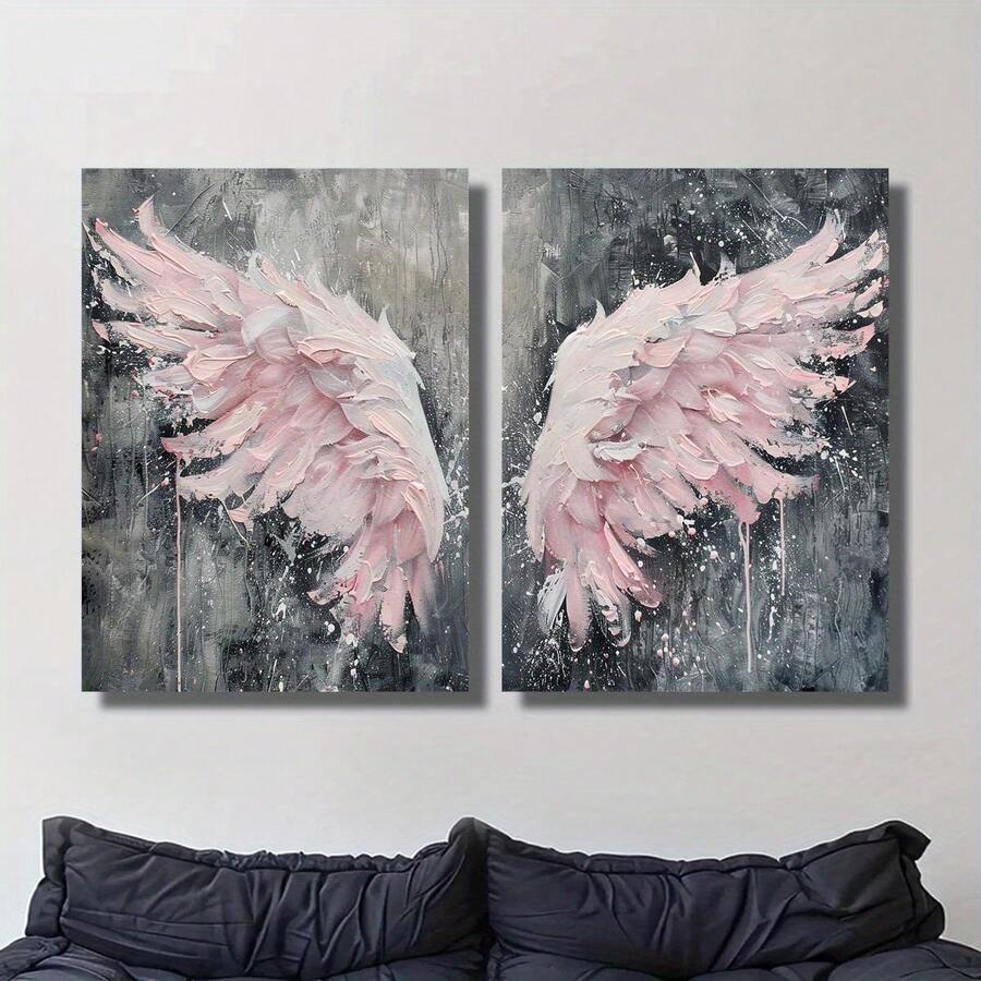 2 件粉色天使翅膀现代海报，抽象墙面艺术，纹理羽毛翅膀画，女孩房间装饰，适合家居墙壁装饰，无框架
