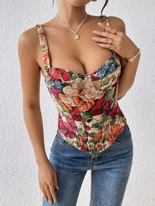 EZNV 1pc Vintage Palace Style Jacquard Slimming Camisole Top, French Romantic Jacquard Corset Vest - Multicolor - View 4