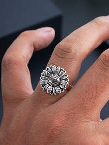 1 buah Cincin Wanita Desain Bunga Matahari Vintage Minimalis, Cocok untuk Pemakaian Sehari-hari - Antique Silver - View 4