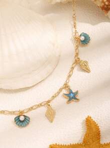 1 pieza Pulsera elegante y linda de niñas con estilo océano creativo, con colgantes de concha, estrella de mar y perla falsa, ideal para uso regular, vacaciones de playa y verano