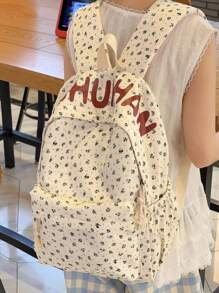 Casual Large Capacity Floral & Letter Graphic Multi-Pocket Functional Backpack, Cute Fresh College Style Student School Backpack, Suitable For Going To School, Travelling, Suitable For Back To School Season