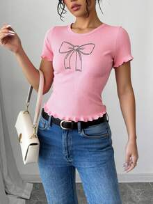 Ribbed Blouse With Beaded Bow, Short Sleeves, And A Wave-Like Finish – Fashion 2025