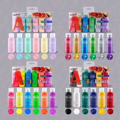 Acrylic Paint Set 6 Colors – 2oz/60ml Rich Pigment, Waterproof For Canvas, Wood, Rock, Ceramic, DIY Painting