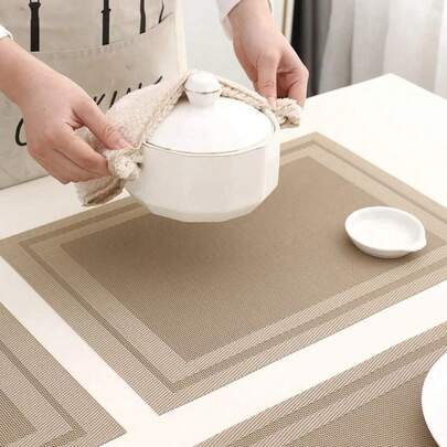2-6-12 件套简约条纹编织 PVC 餐垫，可水洗，易清洁，可擦拭，防滑，耐热，非常适合节日、婚礼、派对、餐桌装饰