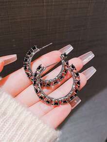 镶嵌黑色锆石耳环，时尚百搭耳环，超闪亮个性耳饰 - 黑色 - 查看 9