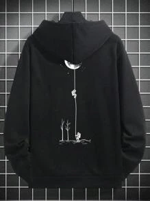 男士休闲月亮印花连帽卫衣，秋冬季长袖上衣 - 黑色 - 查看 4