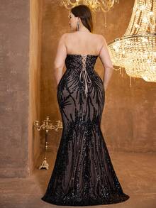 SUPGIR [Họa tiết ngẫu nhiên] Đầm dạ hội ôm sát không dây, hở lưng, bằng satin đính sequin, phối nhiều mảnh dành cho nữ cỡ lớn - màu đen - Xem 3