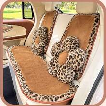 时尚豹纹汽车坐垫冬季加厚保暖车用坐垫兔毛柔软舒适汽车坐垫 - 兔毛豹紋邊 - 查看 2