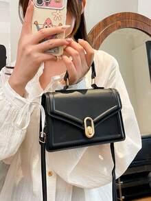 Arrow Design 时尚 PU 皮革手提包，2025 新款韩版托特包，纯色斜挎单肩包，小方包 - 黑色 - 查看 3