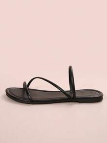 Sandal đế bằng nhiều quai, màu trơn, mũi vuông, chất liệu da PU, dành cho nữ, thời trang và đa năng cho mùa hè, phù hợp cho dạo phố, hẹn hò, du lịch, ở nhà, đi làm, dự tiệc, đi biển. - màu đen - Xem 4