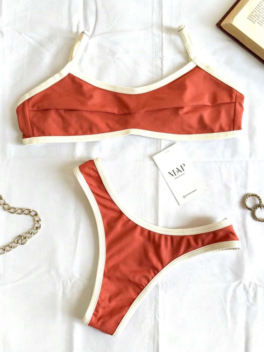 Two-Tone Bikini Top Retro Vintage Panties Delta Wing - 赤陶(附關閉) - 查看 1