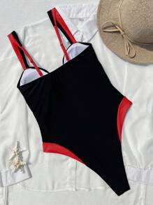 女士时尚黑红拼接连体泳衣 - 紅色 - 查看 4