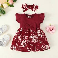 2-Piece Baby Girl Dress Set With Flowers And Plants, Batwing Sleeve Dress And Bow Headband, Ideal For Girls From 3 Months To 2 Years For Summer - 酒紅色 - 查看 2