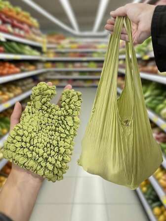 女士魔术弹力手提袋可伸缩购物手提包大容量可重复使用购物袋多色可折叠购物袋旅行必需品菠萝袋皱纹泡泡袋适用于旅行露营户外海滩暑假返校