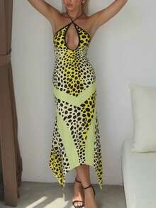 Leopard Print Backless Fitted Camisole Dress, Summer - Yellow - View 6
