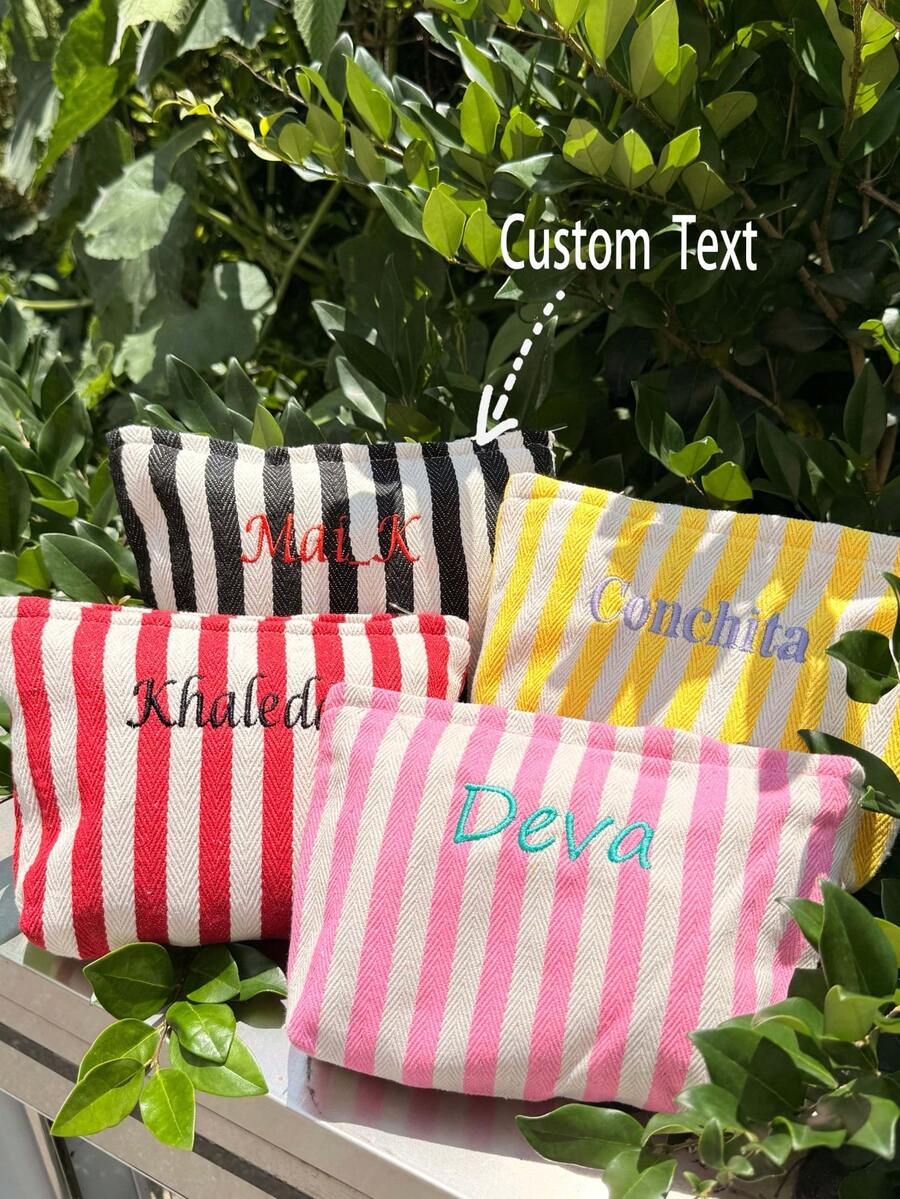 Personalized Striped Canvas Makeup Bag, Custom Name Embroidered Cosmetic Bag, Travel Toiletry Pouch, Bridesmaid Gift, Gift For Her Back To School