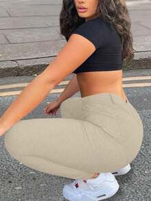 Plus Stretch Slant Pocket Skinny Pants Music Festival - Màu be - Xem 3