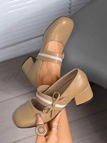 女士优雅纯色蝴蝶结一脚蹬粗跟圆头时尚鞋