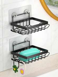 1/2 件免钻浴室皂盒架，自粘式皂架，浴室置物架，浴室壁挂式皂液器，返校季 - 黑色 - 查看 6