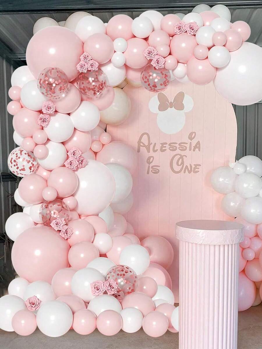 101pcs, Pink Rose Gold Babe Shower Latex Foil Confetti Decoration Balloon Chain Set, Pink Theme Gender Reveal Party Background Decorative Balloon Foil Confetti Decoration Arch Set, 1st Birthday Party Room Wall Decoration Balloons, Suitable For Baby Shower Party Welcome Baby Party Decorative Balloon Arch Kit, 1st Birthday Party Photo Props, Baby Shower Gifts, Gender Reveal Decoration, Including 99pcs Balloons & 2pcs Balloon Accessories - Pink White Rose Gold - View 1