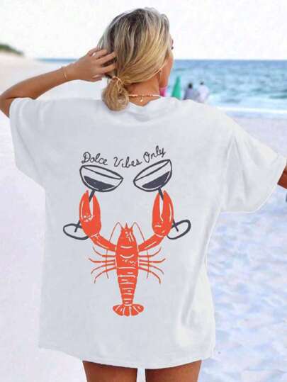 Lobster Illustration Of Sea Salt Soda Flavor, Plus Size Women's Casual Loose Plus Size Round Neck Short Sleeve T-Shirt, Summer Beach Outfits