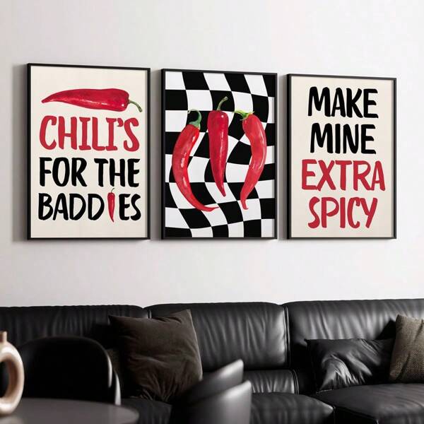 3 stuks, oningelijst, keukenmuurkunst, chilipeperprint, rood-zwarte decoratie, moderne keukendecoratie, foodie cadeau voor hem/haar, esthetische kunst, barwagenkunst, wanddecoratie, canvaskunst voor woonkamer, slaapkamer, kantoor, café, slaapzaal, gang, huis- en kamerdecoratie