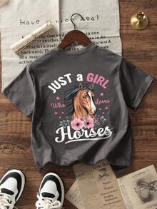 Girls And Teens School Casual Gray Print Round Neck Short Sleeve T-Shirt, Summer Top - Dark Grey - View 3