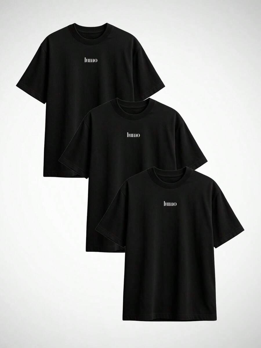 Kit 3 Oversized T-Shirts For Men And Women Unisex Streetwear Plain Academia Lumo Premium 100% Cotton - 黑色 - 查看 1
