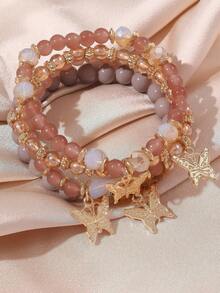 4pcs/Set Bohemian Style Multi-Layer Beaded Crystal Glass Butterfly Pendant Fashion Versatile Bracelet - one-size - View 4