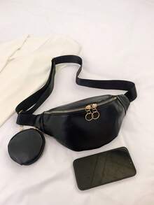 1 件女士纯色 PU 皮革时尚休闲多功能单肩包/腰包，便携，适合通勤、运动、四季 - 黑色 - 查看 6