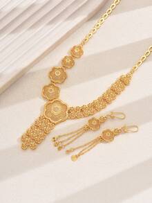 5件套复古多层镂空几何流苏项链、耳环、戒指、手链首饰套装，夸张纹理，适合婚礼/派对佩戴 - 金色 - 查看 4