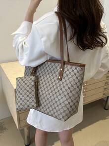 Bolso clásico y elegante tipo tote con billetera larga, bolso de mujer con textura elegante, regalo del Día de San Valentín - Caqui - Ver 4