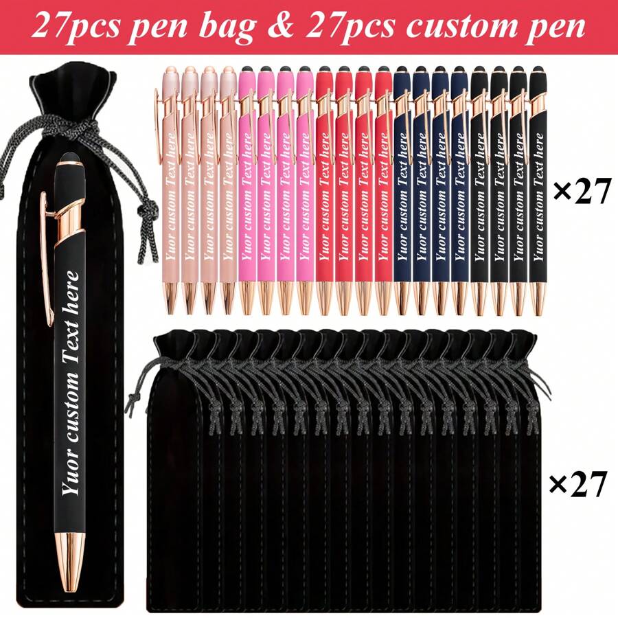 27pcs Customized Luxury Soft Touch Pens With 27 Black Pencil Cases, Rubber Round Ballpoint Pens, Personalized Writing Tools, Suitable For Engraving Names And Company Websites, Ideal For Men, Anniversary, Christmas, School Supplies, Birthday Gifts, Stationery, Back To School