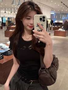 Ladies Summer Lace Trim Bow Hollow Shoulder Short Sleeve Tee