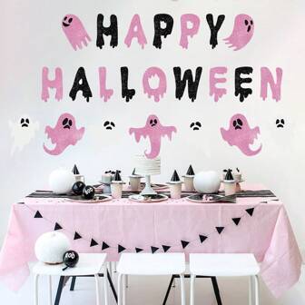 Halloween Flag Party Decoration Bat BOO Pink Skull Letter Flag Halloween Banner,Suitable For Decorating Halloween Themed Celebration Events
