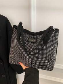 Borsa a tracolla capiente da donna, borsa shopping stile moda con strass, nera