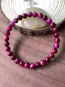 6毫米天然粉红虎眼石珠手工手链，招财进宝，时尚腕饰 | 朋友鼓励合成宝石配饰 - 玫紅色 - 查看 4