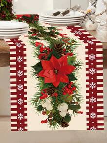 1pc Merry Christmas Table Runner, 180*35cm Polyester Tablecloth With Red Flower Pattern, Christmas Decoration, Home Christmas Decor, Christmas Ornament, Kitchen Decor, Dining Table Decor, Desktop Decor - Multicolor - View 7