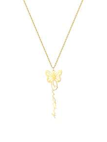 Customized Cute Butterfly Name Necklace For Women, Stainless Steel Butterfly Pendant Necklace With Personalized Vertical Cursive Letter, Handmade Jewelry Gift For Girlfriend, Birthday, Holiday - Gold - View 5