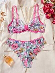 Style Dream 夏季新款女士性感内衣：彩色网纱印花超薄文胸套装，性感钢圈文胸，性感三角内裤，复古女士套装 - 玫紅色 - 查看 2