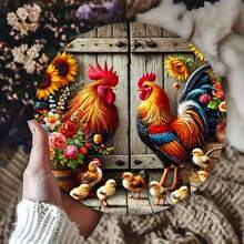 1pc 2D Retro Rooster & Hen Metal Tin Sign - 20x20cm Metal Wall Art With Vibrant Floral & Sunflower Patterns, Suitable For Outdoor/Indoor Use As Farmhouse Decor, Restaurant, Home, Rooster Decor Sign, Pre-Drilled Holes As Shown In Size Image, Hole Style Random