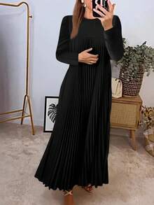Women's Solid Color Casual Pleated Fabric Dress, Daily Wear For Spring & Autumn - Black - View 4
