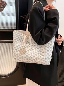 Bolso de hombro estampado, regalo del Día de la Madre para mamá, bolso de mano de gran capacidad con estampado de letras retro, bolso perfecto para transporte diario - Blanco - Ver 4